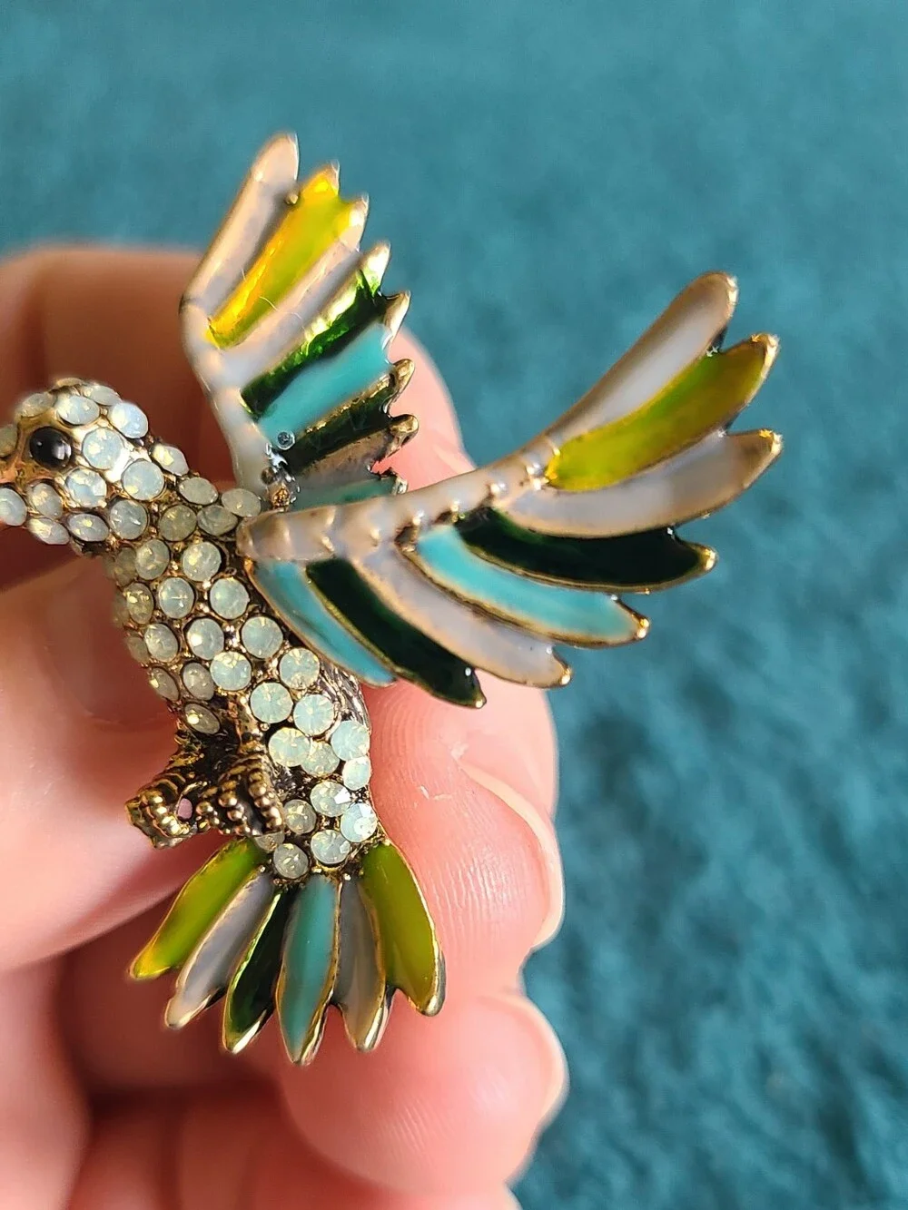 Vintage Hummingbird Brooch in Pastel Green, Pink & Cream